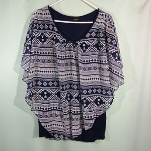 Alyx Tribal Print Blouse Blue White Flowy Layered Top Women;s